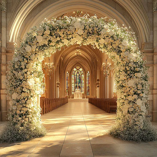 Ingresso di una chiesa decorato con archi di rose