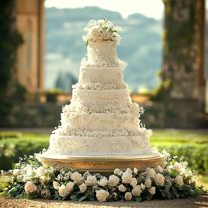 Torta nuziale a piani con rose bianche