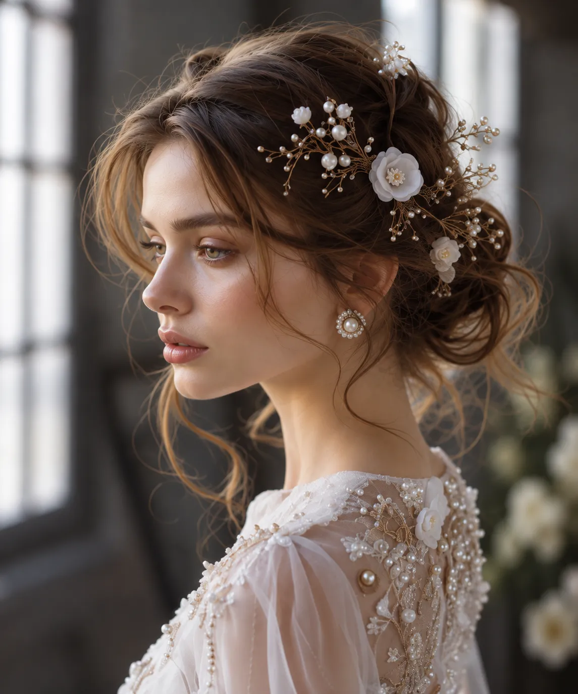 Acconciatura con tralci di perle e fiori bianchi