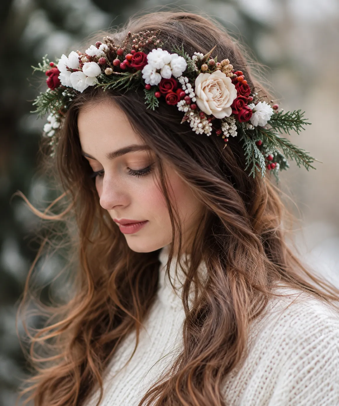 Corona invernale con rose rosse e bianche