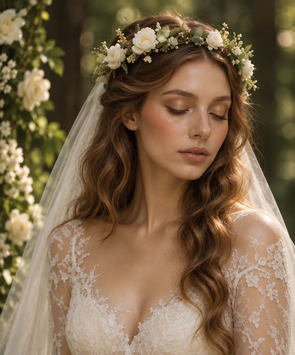 Corona di rose bianche indossata con il velo