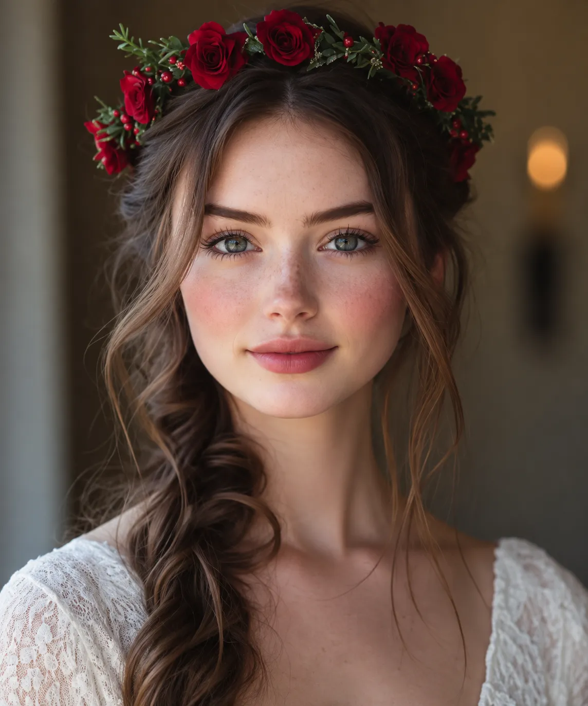 Corona di rose rosse su capelli mossi
