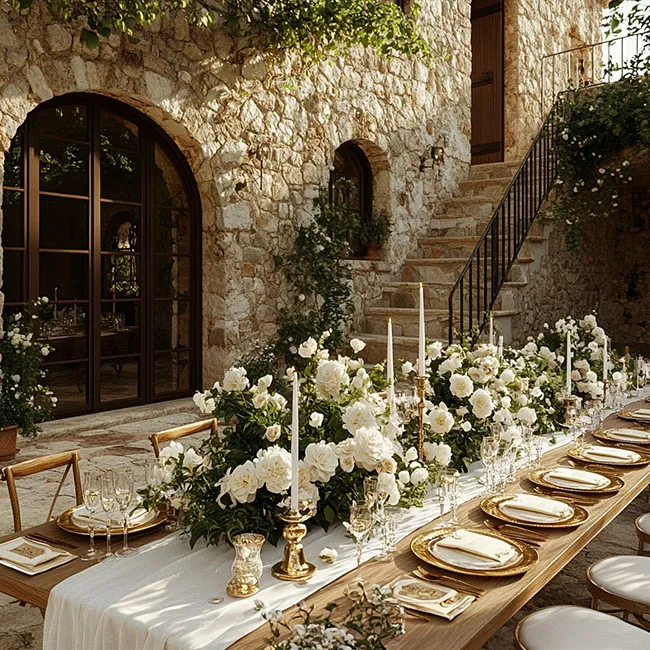 Tavolo imbandito per un matrimonio in una villa toscana