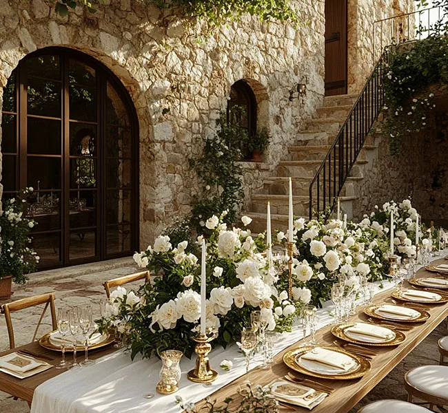 Tavolo imbandito per un matrimonio in una villa toscana